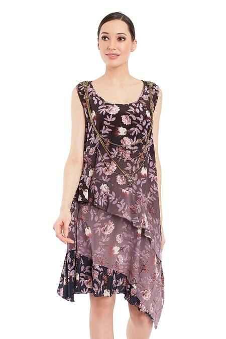 Rocky Star Multi Color Crepe Silk Floral Print Asymmetric Dress