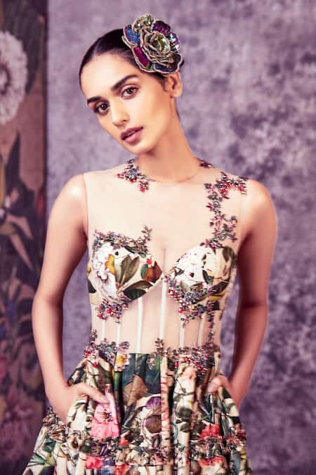 Shop_Rocky Star_Multi Color Raw Silk Round Printed Gown _Online_at_Aza_Fashions