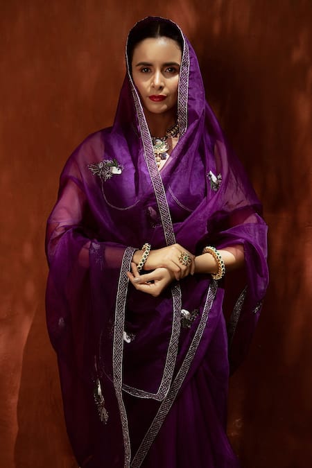 Shop Priyal Bhardwaj Purple Silk, Organza Geometric V Neck Saree With Blouse at Aza Fashions Shop_Priyal Bhardwaj_Purple Silk, Organza Geometric V Neck Saree With Blouse _at_Aza_Fashions