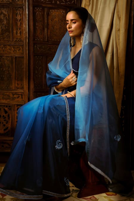Shop Priyal Bhardwaj Blue Silk, Organza Geometric V Neck Saree With Blouse at Aza Fashions Shop_Priyal Bhardwaj_Blue Silk, Organza Geometric V Neck Saree With Blouse _at_Aza_Fashions