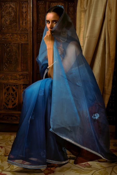 Priyal Bhardwaj Blue Silk, Organza Geometric V Neck Saree With Blouse Online at Aza Fashions Priyal Bhardwaj_Blue Silk, Organza Geometric V Neck Saree With Blouse _Online_at_Aza_Fashions
