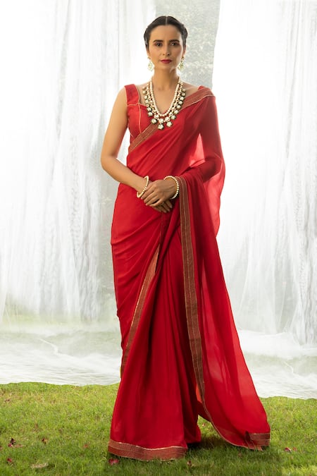 Buy Red Chinnon Chiffon Embroidered Sweetheart Neck Saree With Silk Blouse  For Women by Priyal Bhardwaj Online at Aza Fashions.
