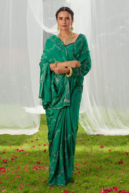 Priyal Bhardwaj Green Silk, Chinnon Chiffon Floral Sweetheart Embroidered Saree With Blouse 