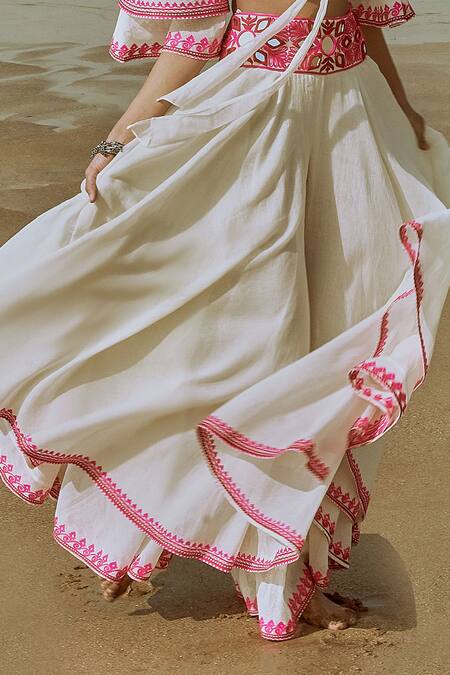 Buy_Divya By Divya Anand_White Kora Mulmul V Neck Embroidered Crop Top And Pant Set _Online_at_Aza_Fashions