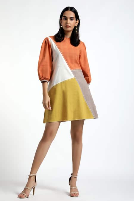 Madder Much Multi Color Cotton Plain Round Rosa Colorblock Dress 