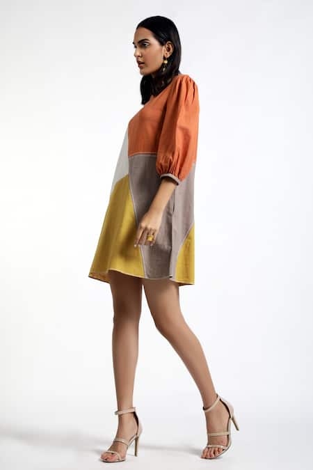 Shop Madder Much Multi Color Cotton Plain Round Rosa Colorblock Dress Online at Aza Fashions Shop_Madder Much_Multi Color Cotton Plain Round Rosa Colorblock Dress _Online_at_Aza_Fashions