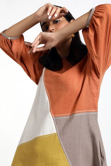 Madder Much Multi Color Cotton Plain Round Rosa Colorblock Dress at Aza Fashions Madder Much_Multi Color Cotton Plain Round Rosa Colorblock Dress _at_Aza_Fashions