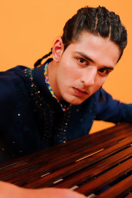 Buy_Wabi Sabi By Anshum-Ritesh_Blue Chanderi Embroidery Rose Garden Kurta Set _Online_at_Aza_Fashions