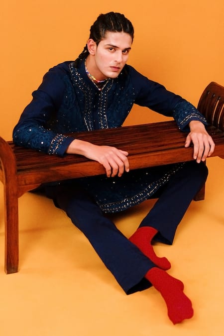 Shop_Wabi Sabi By Anshum-Ritesh_Blue Chanderi Embroidery Rose Garden Kurta Set _Online_at_Aza_Fashions