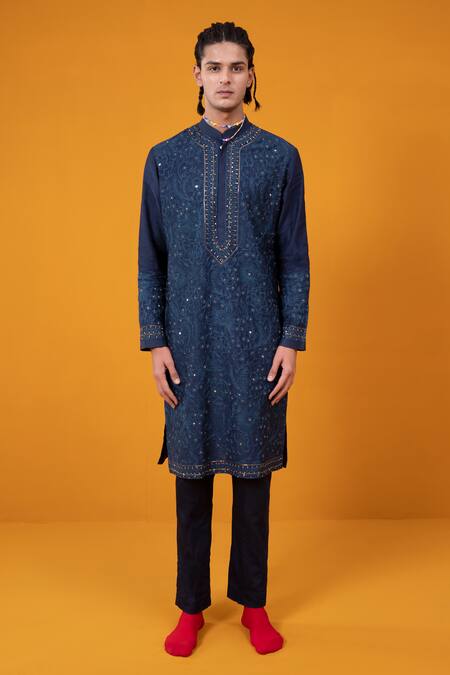 Wabi Sabi By Anshum-Ritesh Blue Chanderi Embroidery Rose Garden Kurta Set 