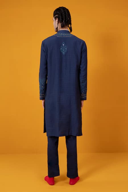 Shop_Wabi Sabi By Anshum-Ritesh_Blue Chanderi Embroidery Rose Garden Kurta Set _at_Aza_Fashions