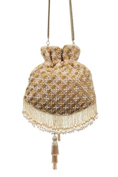 SG Collection By Sonia Gulrajani_Pink Pearls, Beads Rose Quartz Velvet Embroidered Potli Bag _Online_at_Aza_Fashions