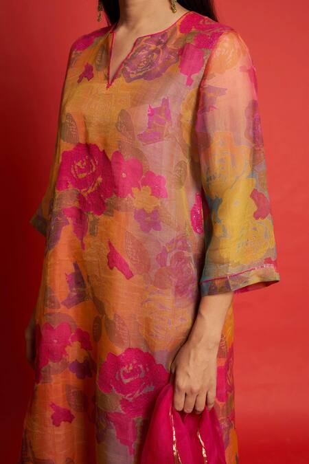 Shop Priti Prashant Pink Sheer Silk And Organza Floral Print & Sequin Notched Rose Kurta Pant Set Online at Aza Fashions Shop_Priti Prashant_Pink Sheer Silk And Organza Floral Print & Sequin Notched Rose Kurta Pant Set _Online_at_Aza_Fashions