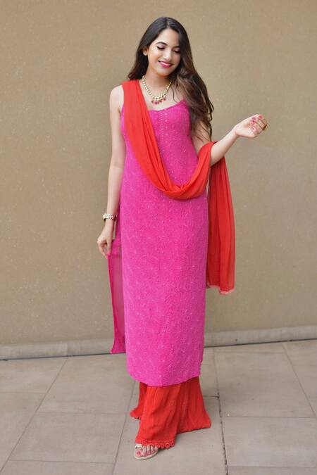 LABEL AISHWARYRIKA_Pink Georgette Chikankari, Mukaish Scoop Neck Kurta _Online_at_Aza_Fashions