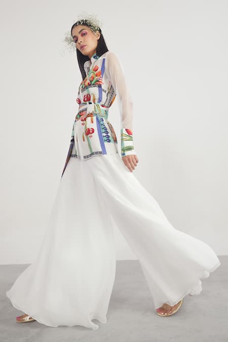 Limerick By Abirr N' Nanki Printed Shirt With Organza Sleeves 