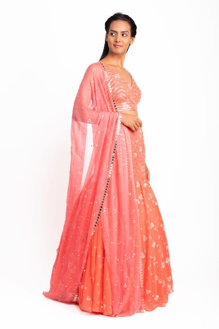 Prevasu_Peach Sequin, Floral Motifs And Micro Crystals Work, Logo V Printed Lehenga Set _Online_at_Aza_Fashions