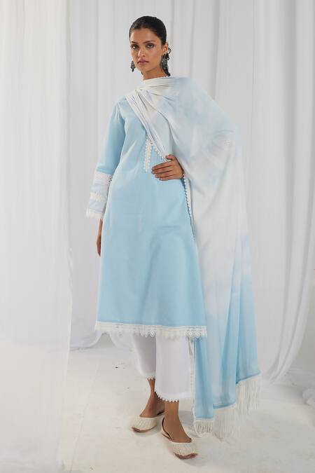 Roze_Blue Cotton, Chiffon Embroidery, Lace V-neck Estelle Bell Sleeve Kurta Set_Online_at_Aza_Fashions