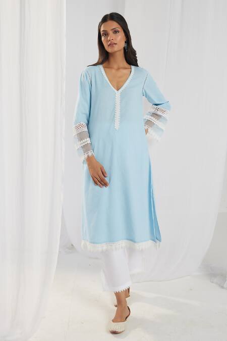 Buy_Roze_Blue Cotton, Chiffon Embroidery, Lace V-neck Estelle Bell Sleeve Kurta Set_Online_at_Aza_Fashions