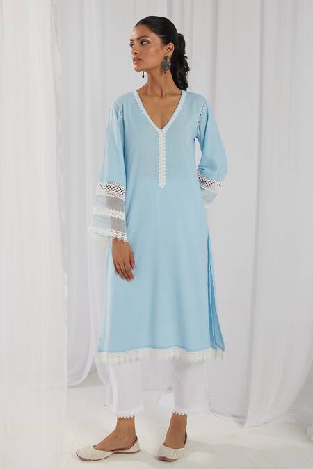 Shop_Roze_Blue Cotton, Chiffon Embroidery, Lace V-neck Estelle Bell Sleeve Kurta Set_Online_at_Aza_Fashions