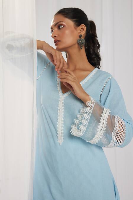 Roze_Blue Cotton, Chiffon Embroidery, Lace V-neck Estelle Bell Sleeve Kurta Set_at_Aza_Fashions
