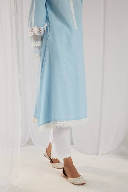 Buy_Roze_Blue Cotton, Chiffon Embroidery, Lace V-neck Estelle Bell Sleeve Kurta Set