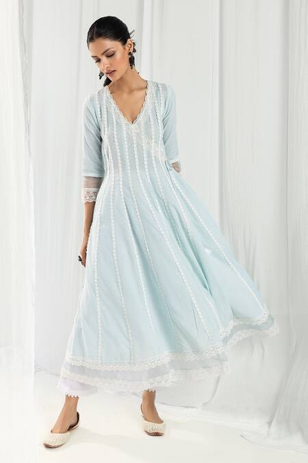 Roze Blue Cotton, Chiffon Lace, Embroidery Scoop Neck Aria Panelled Angrakha Set Online at Aza Fashions Roze_Blue Cotton, Chiffon Lace, Embroidery Scoop Neck Aria Panelled Angrakha Set _Online_at_Aza_Fashions