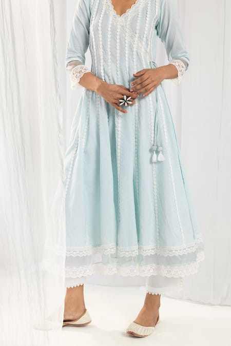 Buy Roze Blue Cotton, Chiffon Lace, Embroidery Scoop Neck Aria Panelled Angrakha Set Online at Aza Fashions Buy_Roze_Blue Cotton, Chiffon Lace, Embroidery Scoop Neck Aria Panelled Angrakha Set _Online_at_Aza_Fashions