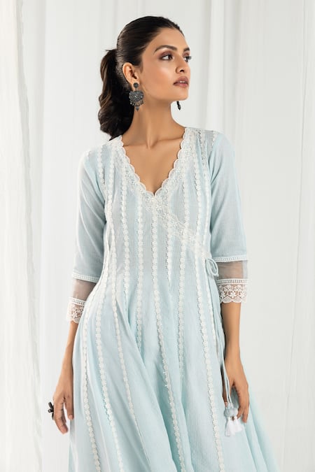 Buy_Roze_Blue , Handloom Lace Scoop Neck, Aria Embellished Kurta _Online_at_Aza_Fashions