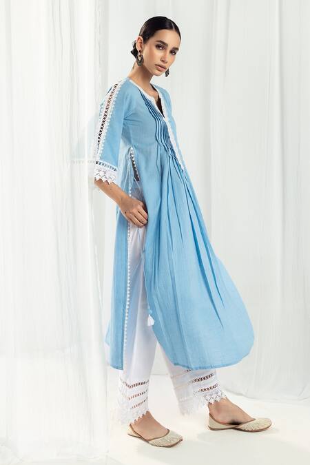 Roze Blue Cotton, Handloom Cotton, Chiffon Embroidery, Iris Pintucked Yoke Kurta Set Online at Aza Fashions Roze_Blue Cotton, Handloom Cotton, Chiffon Embroidery, Iris Pintucked Yoke Kurta Set _Online_at_Aza_Fashions