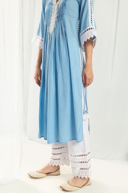 Buy Roze Blue Cotton, Handloom Cotton, Chiffon Embroidery, Iris Pintucked Yoke Kurta Set Online at Aza Fashions Buy_Roze_Blue Cotton, Handloom Cotton, Chiffon Embroidery, Iris Pintucked Yoke Kurta Set _Online_at_Aza_Fashions