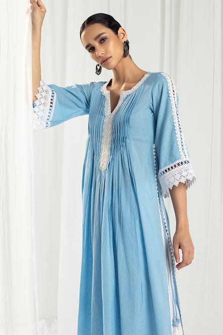 Shop Roze Blue Cotton, Handloom Cotton, Chiffon Embroidery, Iris Pintucked Yoke Kurta Set Online at Aza Fashions Shop_Roze_Blue Cotton, Handloom Cotton, Chiffon Embroidery, Iris Pintucked Yoke Kurta Set _Online_at_Aza_Fashions