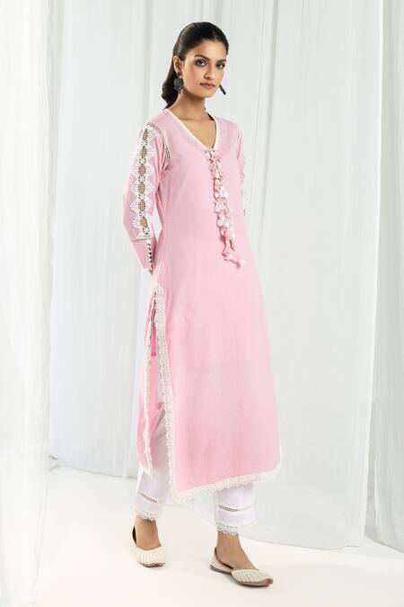 Roze Pink Cotton, Chiffon Beads, Fringe, Lace V-neck Eden Front Tasselled Kurta Set Online at Aza Fashions Roze_Pink Cotton, Chiffon Beads, Fringe, Lace V-neck Eden Front Tasselled Kurta Set _Online_at_Aza_Fashions