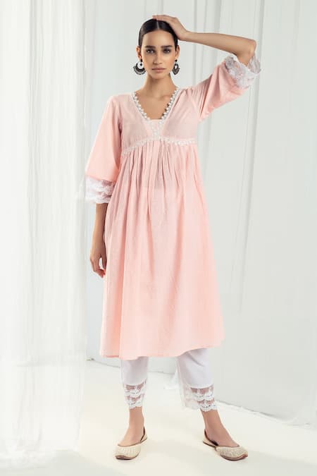 Buy Roze Peach Cotton, Chiffon Lace, Embroidery Aura Neckline Embellished Anarkali Set Online at Aza Fashions Buy_Roze_Peach Cotton, Chiffon Lace, Embroidery Aura Neckline Embellished Anarkali Set _Online_at_Aza_Fashions