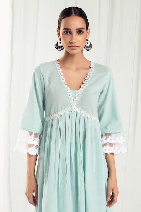 Roze_Blue Cotton, Chiffon Lace V-neck Aura Pleated Anarkali Set _Online_at_Aza_Fashions