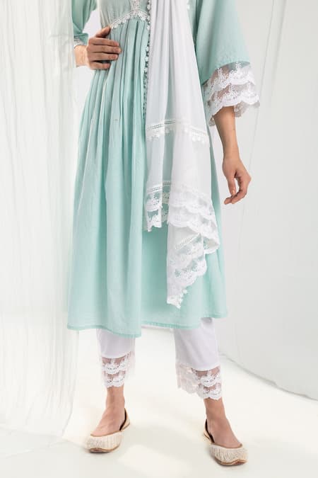 Buy_Roze_Blue Cotton, Chiffon Lace V-neck Aura Pleated Anarkali Set _Online_at_Aza_Fashions