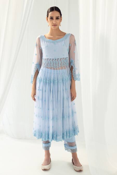 Roze Blue Cotton, Organza Embroidery Boat Neck Clara Floral Anarkali Set Online at Aza Fashions Roze_Blue Cotton, Organza Embroidery Boat Neck Clara Floral Anarkali Set _Online_at_Aza_Fashions