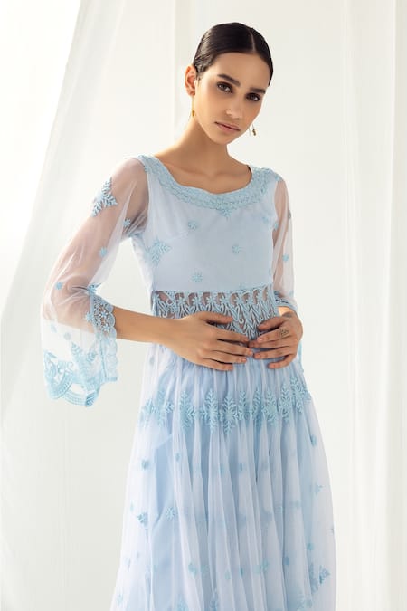 Buy Roze Blue Cotton, Organza Embroidery Boat Neck Clara Floral Anarkali Set Online at Aza Fashions Buy_Roze_Blue Cotton, Organza Embroidery Boat Neck Clara Floral Anarkali Set _Online_at_Aza_Fashions