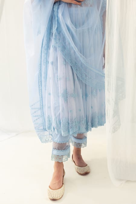Shop Roze Blue Cotton, Organza Embroidery Boat Neck Clara Floral Anarkali Set Online at Aza Fashions Shop_Roze_Blue Cotton, Organza Embroidery Boat Neck Clara Floral Anarkali Set _Online_at_Aza_Fashions