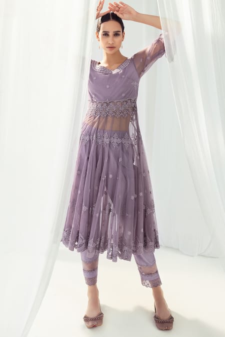 Buy Roze Purple Cotton, Organza Embroidery Boat Neck Clara Anarkali Set Online at Aza Fashions Buy_Roze_Purple Cotton, Organza Embroidery Boat Neck Clara Anarkali Set _Online_at_Aza_Fashions