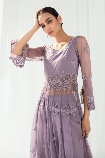 Shop Roze Purple Cotton, Organza Embroidery Boat Neck Clara Anarkali Set Online at Aza Fashions Shop_Roze_Purple Cotton, Organza Embroidery Boat Neck Clara Anarkali Set _Online_at_Aza_Fashions