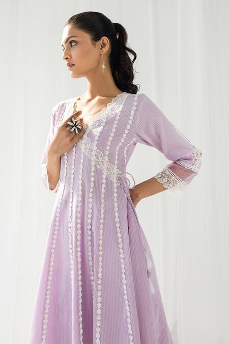 Roze_Purple Cotton Lace Scoop Neck Aria Embellished Panelled Kurta _Online_at_Aza_Fashions