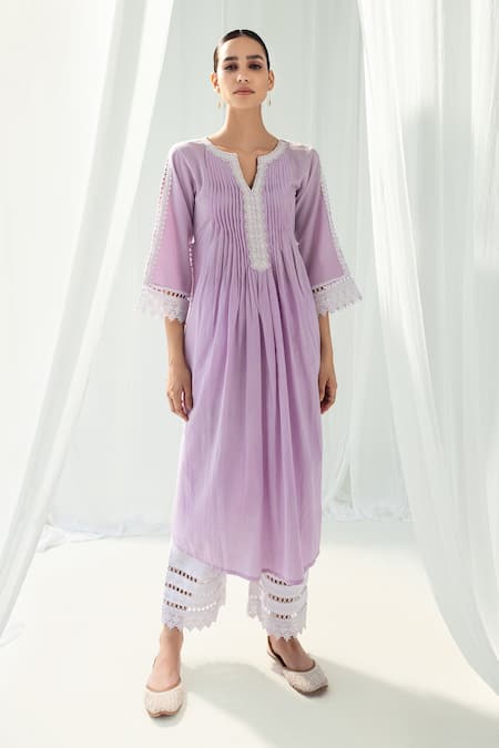Roze Purple Cotton, Handloom Cotton, Chiffon Lace, Iris Front Pleated Kurta Set Online at Aza Fashions Roze_Purple Cotton, Handloom Cotton, Chiffon Lace, Iris Front Pleated Kurta Set _Online_at_Aza_Fashions