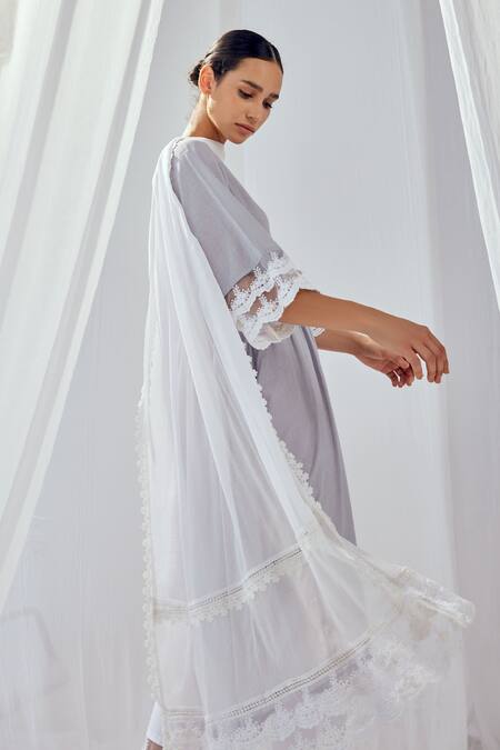 Roze Purple Cotton, Chiffon Lace, Embroidery V-neck Aura A-line Pleated Anarkali Set at Aza Fashions Roze_Purple Cotton, Chiffon Lace, Embroidery V-neck Aura A-line Pleated Anarkali Set _at_Aza_Fashions