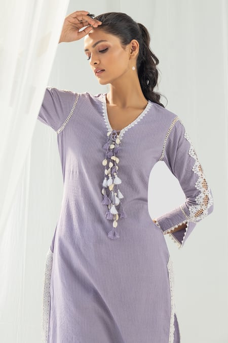 Buy Roze Purple Cotton, Chiffon Beads, Fringe, Cut Eden Front Tasselled Kurta Pant Set Online at Aza Fashions Buy_Roze_Purple Cotton, Chiffon Beads, Fringe, Cut Eden Front Tasselled Kurta Pant Set _Online_at_Aza_Fashions