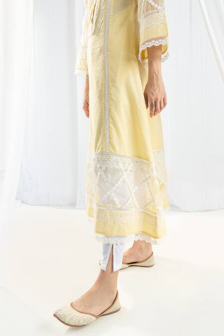 Roze_Yellow , Handloom Lace V-neck Celeste Embellished Kurta _Online_at_Aza_Fashions