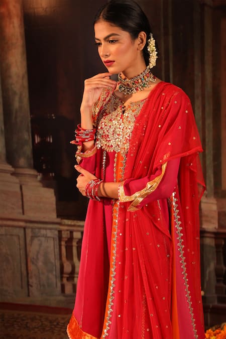 Shop_Ruh Clothing_Pink Kurta And Pant Georgette Embroidered Colorblock Anarkali Gharara Set _Online_at_Aza_Fashions