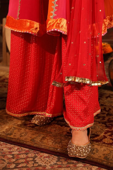 Ruh Clothing_Pink Kurta And Pant Georgette Embroidered Colorblock Anarkali Gharara Set _at_Aza_Fashions