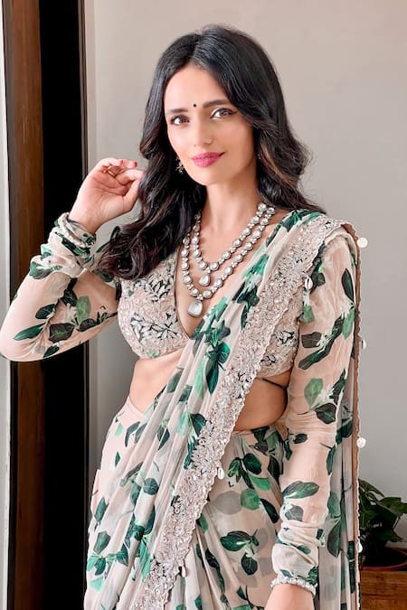 Prints By Radhika_Beige Chiffon Lining Shantoon Cutdana, Pre-draped Ruffle Saree With Blouse_Online_at_Aza_Fashions