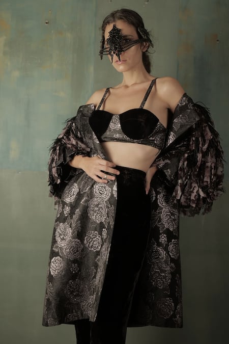 Buy_Nidhi Yasha_Black Velvet Sweetheart Neck Embroidered Corset And Pant Set _Online_at_Aza_Fashions