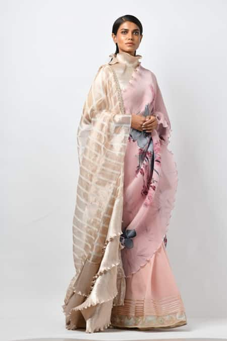 Kiran Uttam Ghosh Pink Pleated Polyester Mix High Neck Printed Saree With Blouse  